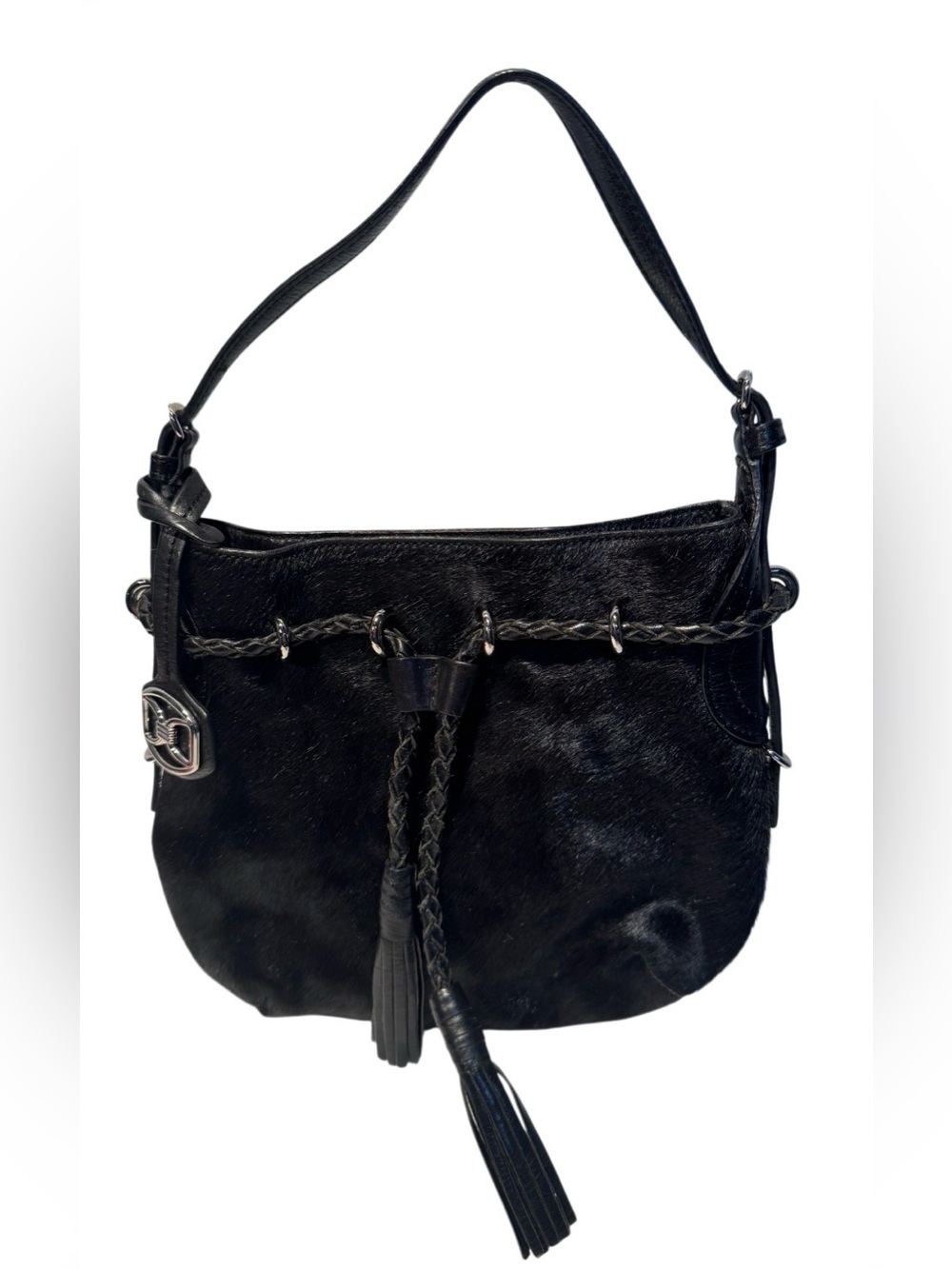 Vintage DKNY Black Calf Hair Leather Shoulder Bag Braided Tassel Y2K Hobo Purse